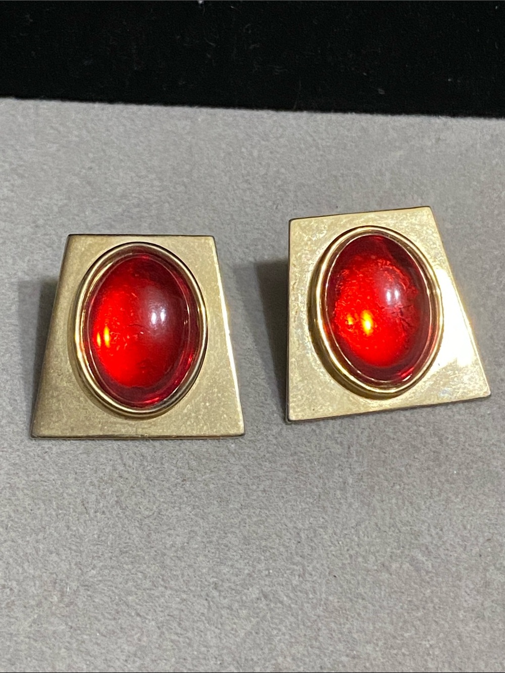 VTG Gold-Tone Clip Earrings with Red Cabochon